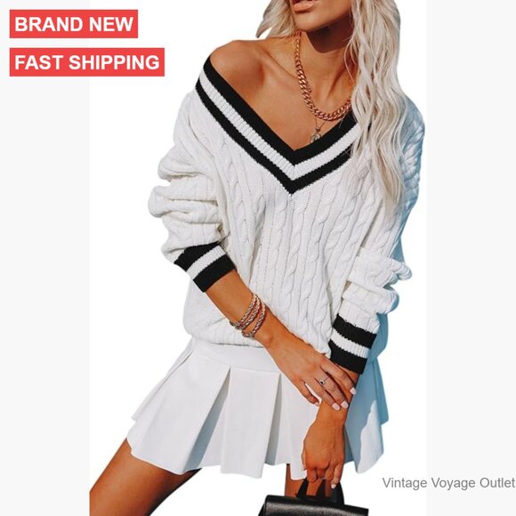 Oversized V-Neck Cable Knit Pullover Sweater Long Sleeve Tunic Top